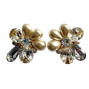 VTG WENDY GELL Glamorous Sparkling Gold Clear Pearl Cluster Clip-On Earrings